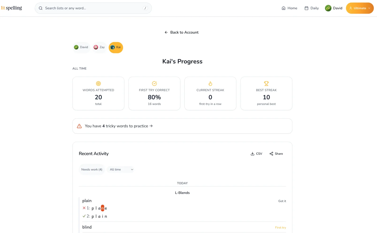 A child's progress page showing words attempted, first-try rate, current streak, best streak, and tricky words to review.